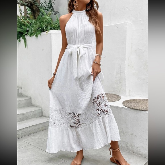 White Contrast Guipure Sheer Mesh Lace Layered Hem Belted Halter Dress - Picture 6 of 6